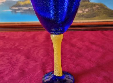 Murano Style Cobalt Blue And Yellow Glass Stemmed Goblet