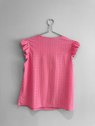 Pre Owned Vibrant Pink Eyelet Cutout Flutter Sleeve Blouse