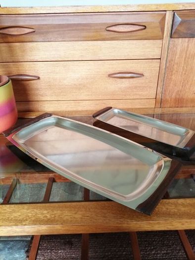 Vintage DKF Lundtofte Danish Stainless Steel Serving Dish Teak Handles