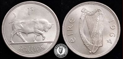 [#2380] - Ireland 1964 | Irish 1s | One Shilling | Bull | KM.14a | BU