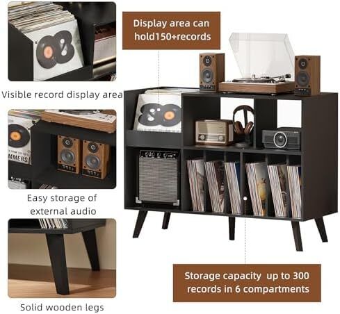 Large Record Player Stand, Turntable Stand with Storage, Vinyl Holder with Display Area, Record Player Table Holds Up to 450 Albums, Record Holder for Music Room Living Room