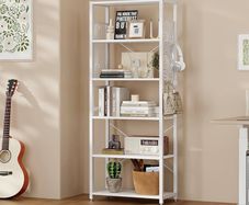 NEW SALE | 6 Tier Bookshelf, Standing Bookcase with 2 X-shape Strips,Metal Mesh Side Panels, 8 S-shaped Hooks, Industrial Storage Rack for Office, Living Room