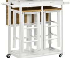 Kitchen Island Set with 2 Stools, Bamboo Breakfast Cart with Drop Leaf Top, Drawers and Towel Rack, Rolling Kitchen Cart and Chairs Set, White