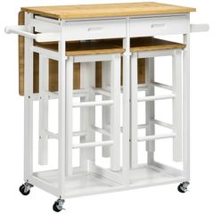 Kitchen Island Set with 2 Stools, Bamboo Breakfast Cart with Drop Leaf Top, Drawers and Towel Rack, Rolling Kitchen Cart and Chairs Set, White