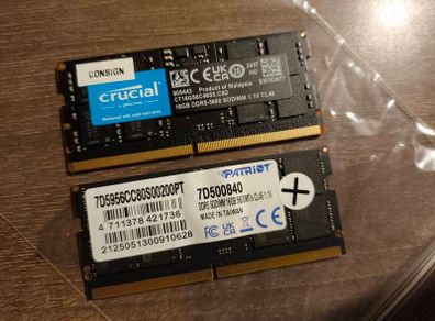 32GB  2x16GB DDR5 Laptop RAM Sodimm 5600MHz 1x Patriot 1x Crucial