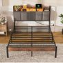 4ft6 Double Bed Frame with Storage Upholstered Headboard, LED Light & Charging Statio Image 2