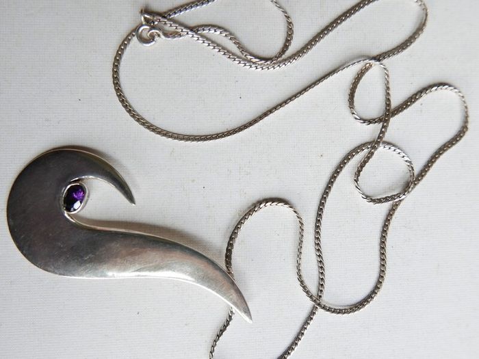 Vintage Sterling Silver 925 Mod Design Blue Purple Drop Pendant Necklace 24" - 13,34g