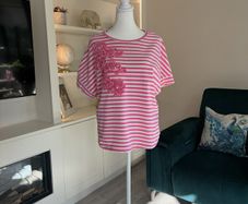 Ladies Savida Pink & White Striped Pearl Front T-Shirt from Savida