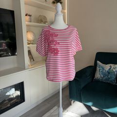Ladies Savida Pink & White Striped Pearl Front T-Shirt from Savida