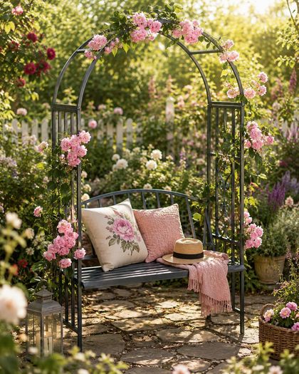Rose Arch with Bench, Heavy-Duty Metal 2-Seater Decorative Garden Bench Trellis  Anthracite Grey