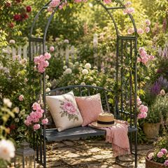 Rose Arch with Bench, Heavy-Duty Metal 2-Seater Decorative Garden Bench Trellis  Anthracite Grey