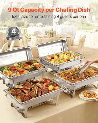 Rectangle Chafing Dish, 9.91L 4 Pack Stainless Steel Chafing Dish, Food Warmer Chafer Complete Set with Hollow Handle, 2 Food Tongs, Lid, Fuel Holder, Chafer Dishes for Banquet Party Wedding