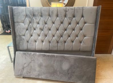 As New - Magnificent Very Solid Grey Suede Fabric King Size Bed Frame