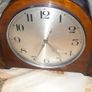 Beautiful Old Walnut Mantel Clock, stepped sunburst side supports Image 3