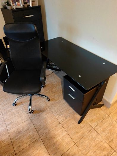 Glass top work desk and chair
