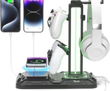 Headphone Stand - Rotatable Controller Holder with Wireless Charging & 9 Light Modes, Gaming Headset Stand with 2 USB and Type C Ports - Controller Stand for Gamers Desktop Accessories