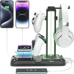 Headphone Stand - Rotatable Controller Holder with Wireless Charging & 9 Light Modes, Gaming Headset Stand with 2 USB and Type C Ports - Controller Stand for Gamers Desktop Accessories