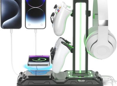 Headphone Stand - Rotatable Controller Holder with Wireless Charging & 9 Light Modes, Gaming Headset Stand with 2 USB and Type C Ports - Controller Stand for Gamers Desktop Accessories