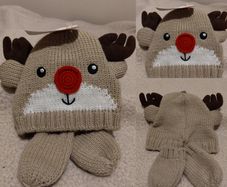 Reindeer Warm Lined Hat And Mittens Set, New