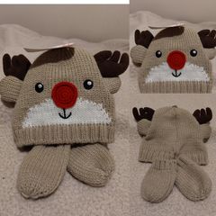 Reindeer Warm Lined Hat And Mittens Set, New