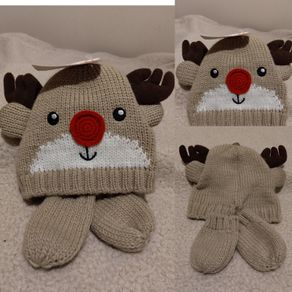 Reindeer Warm Lined Hat And Mittens Set, New