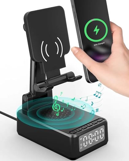 Birthday Gifts for Men Women, Bluetooth Speaker with Wireless Charger & Phone Stand, Gifts for Him, Foldable Angle & Height Stand with Alarm Clock, Ideal for Dad Mom, Tech Gadget Stocking Fillers