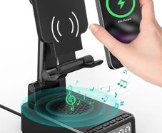 Birthday Gifts for Men Women, Bluetooth Speaker with Wireless Charger & Phone Stand, Gifts for Him, Foldable Angle & Height Stand with Alarm Clock, Ideal for Dad Mom, Tech Gadget Stocking Fillers