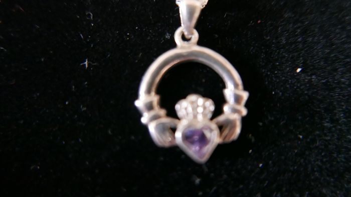Vintage Amethyst Claddagh Irish Symbol, 925 Sterling Silver Heart Crown and Hands; 925 Irish Symbol Pendant Necklace with Amethyst 18"