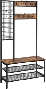 _Large Coat Stand with Bench, Clothes Rack with 9 Coat Hooks and Shoe Rack, with Grid Wall, 185 cm High, Lots of Storage, for Hallway / Bedroom, Vintage Look, Dark Brown