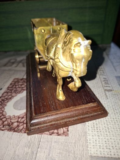Solid Brass Shire Horse Pulling a Mining Cart mounted on wooden plinth, Postage Available or collection