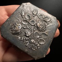 Vintage Floral Powder Compact  Silver-Tone Metal