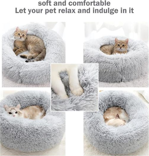 Calming Dog Cat Donut Bed - 19.7in Fluffy Plush Puppy Kitten Cuddler Round Bed, Warm and Soft Pet Cosy Anti Anxiety Beds with Non-Slip Bottom and Washable