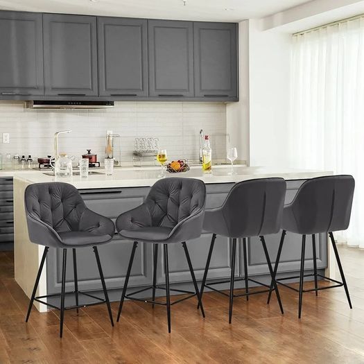Bar Stools Set of 2 Grey Velvet Upholstered Kitchen Counter Stools with Armrest,Metal Legs and Footrest, 65cm Seat Height Pub Breakfast Chairs for Home Dining Island Easy Assembly