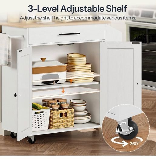 Kitchen Island with Folding Countertop, Kitchen Storage on Wheels White and Natural, Kitchen Island on Wheels, Storage Cabinet with Adjustable Shelf and Towel Rack for Kitchen and Dining Room