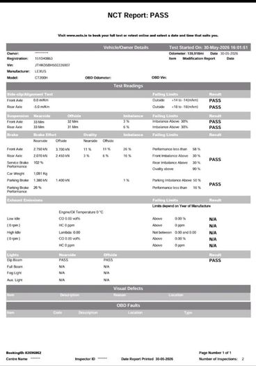 Lexus CT 2015 -  NCT to July 2027 - Mint