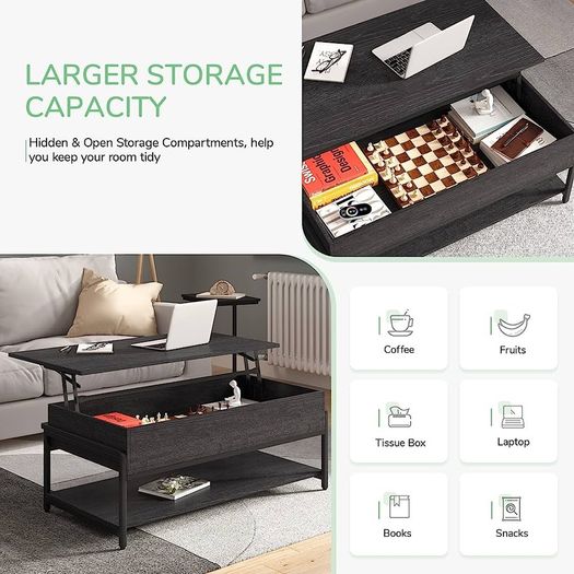 Metal Frame Lift Top Coffee Table with Large Hidden Storage, 3 Tier Tea Tables for Living Room, industrial Style, Adjustable table legs, Waterproof&Anti-scratch Desktop, Black (FREE SHIPPING)
