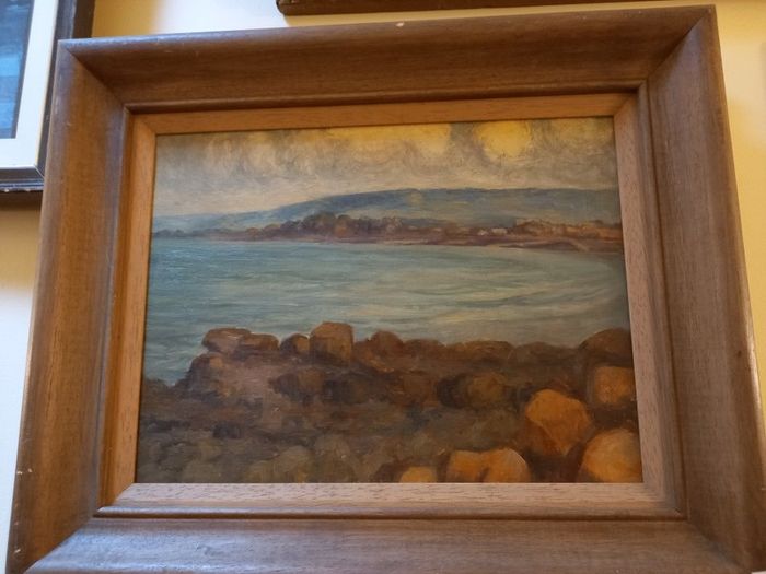 Coastal scene, original on board, Paris stamp.
