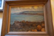 Coastal scene, original on board, Paris stamp.