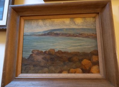Coastal scene, original on board, Paris stamp.