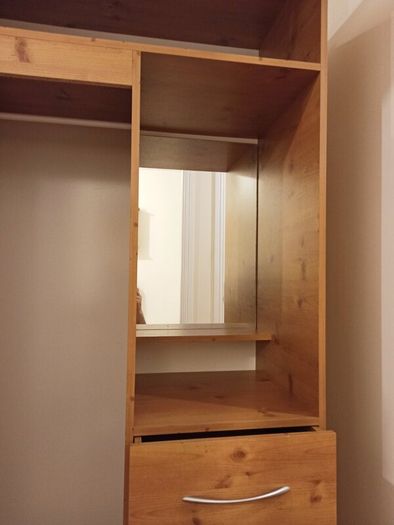 Pine finish Combination wardrobe with hanging  space, closed & open shelving, mirror, 3 lower drawers