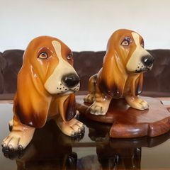 Two Vintage Retro Seated Fireside Basset Hounds