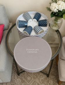 Beautiful set of 6 cups from Tipperary Crystal, featuring elegant navy and white contemporary patterns. Presented in the original round gift box.