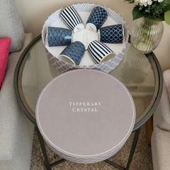 Beautiful set of 6 cups from Tipperary Crystal, featuring elegant navy and white contemporary patterns. Presented in the original round gift box.