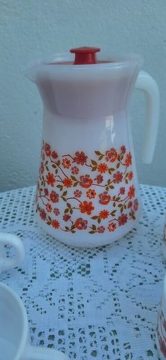 Vintage  1970s Arcopal France Milk Glass Jug and Cups Set