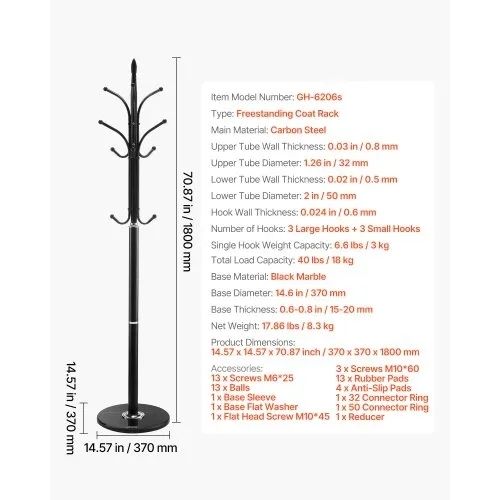 Coat Rack Freestanding, Coats Tree Stand with Stable Marble Base & 6 Hooks, Free Standing Hall Coat Rack for Entryway, Bedroom, Office, Living Room
