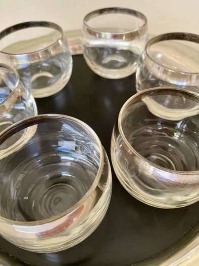 Set of six mid-century roly poly cocktail/punch glasses and tray