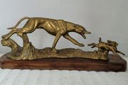 Art deco 18" brass greyhound &amp; hare on wooden plinth