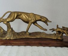 Art deco 18" brass greyhound & hare on wooden plinth