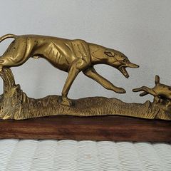 Art deco 18" brass greyhound & hare on wooden plinth