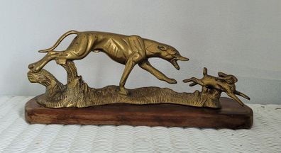 Art deco 18" brass greyhound & hare on wooden plinth